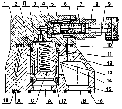 Конструкция предохранительного клапана непрямого действия МКПВ для стыкового монтажа и его условное графическое обозначение