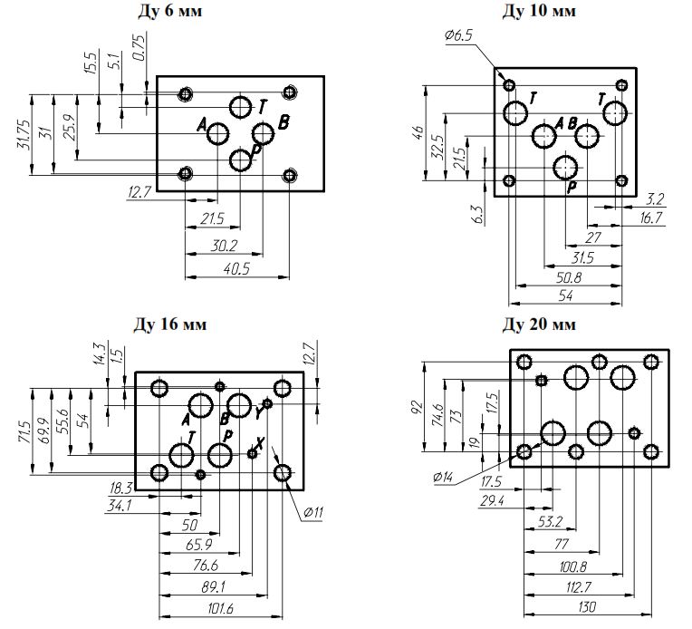 Присоединительные размеры гидрозамков ГЗМ-6/3М, ГЗМ-10/3М, ГЗМ-16/3М, ГЗМ-20/3М